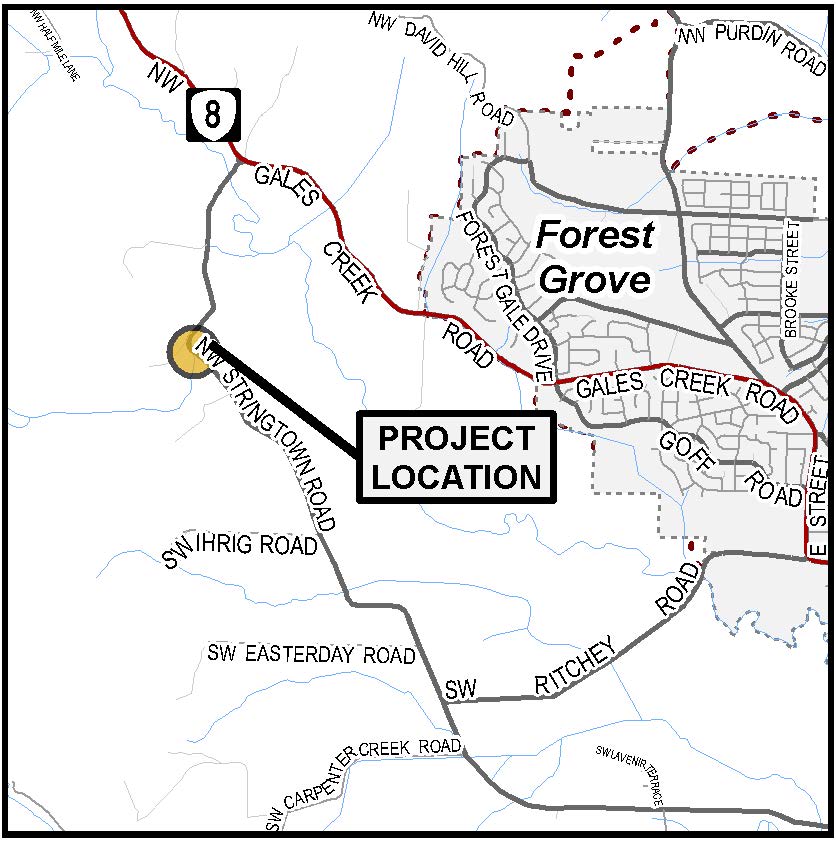 "Project location map showing the location of the bridge on Stringtown Road between Gales Creek Road and Ihrig Road"